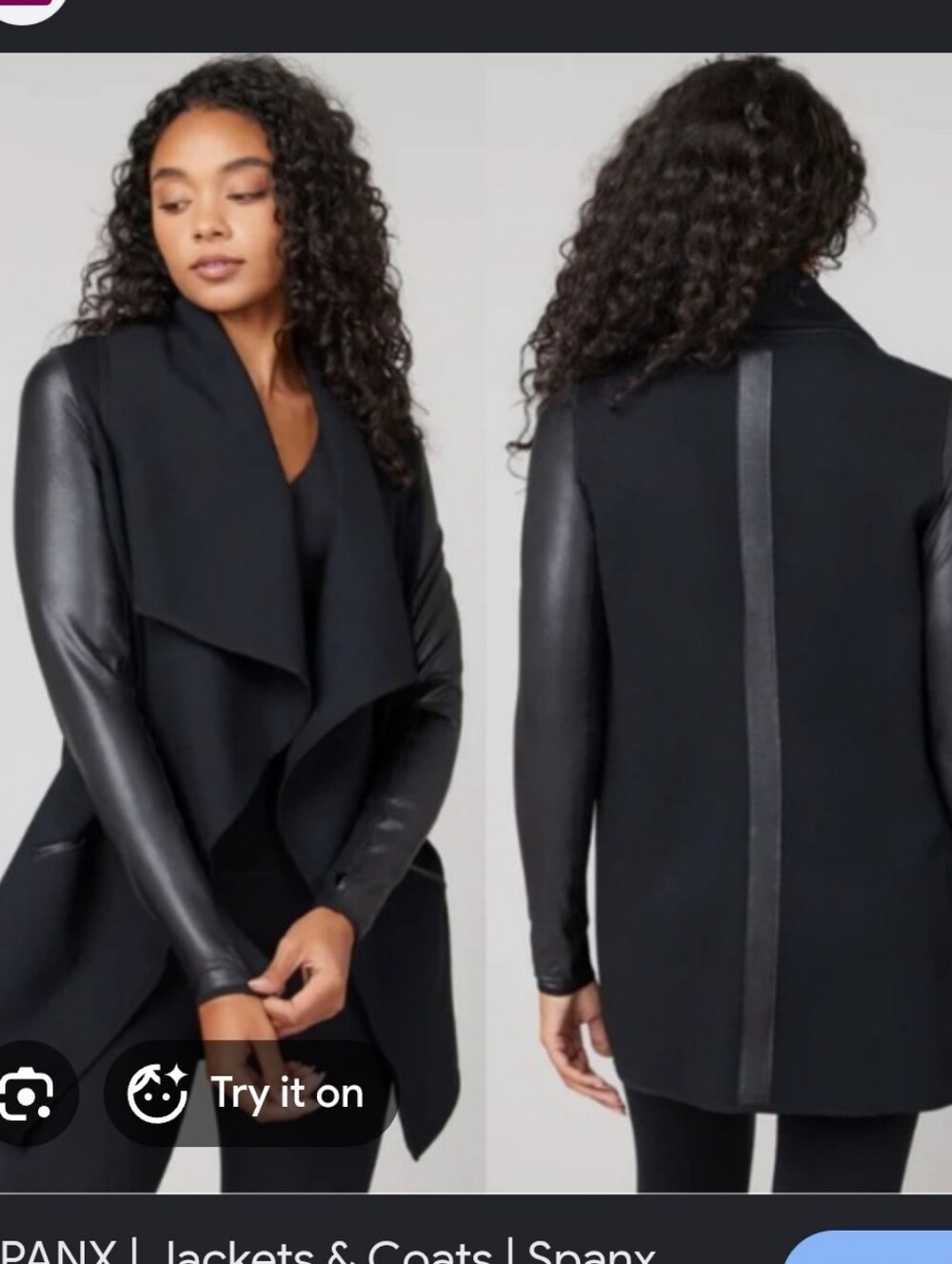 Spanx Black Faux Leather-Sleeve Draped Coat Sz 3x